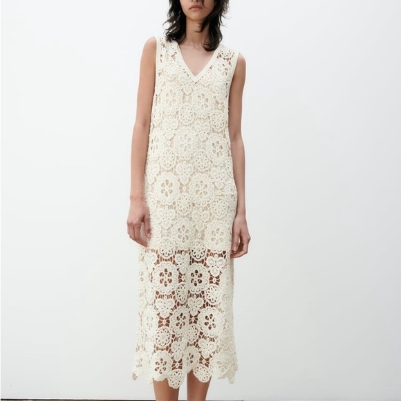 chinese dress ladies Zara Cream Sheer Crochet Dress- Size L (see notes)  The Saved Collection
